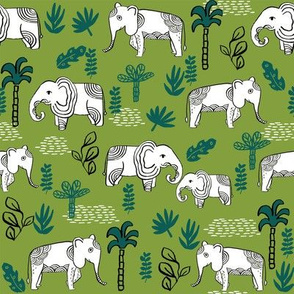 elephant jungle fabric - tropical elephant fabric, elephant palms, tropical fabric - palm trees -  green