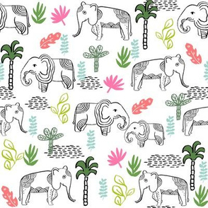 elephant jungle fabric - tropical elephant fabric, elephant palms, tropical fabric - palm trees - white and pink