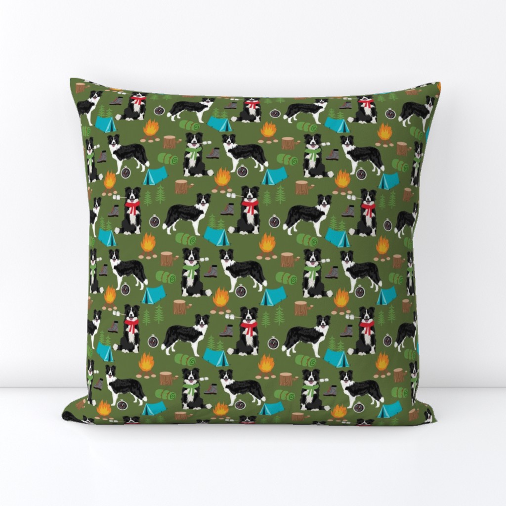 border collie camping dog fabric - border collie fabric, hiking fabric, outdoors dog fabric -  green