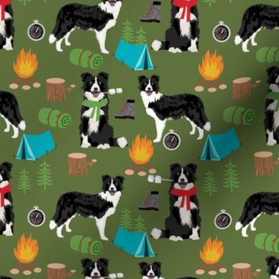border collie camping dog fabric - border collie fabric, hiking fabric, outdoors dog fabric -  green