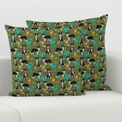 border collie camping dog fabric - border collie fabric, hiking fabric, outdoors dog fabric -  green