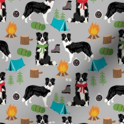 border collie camping dog fabric - border collie fabric, hiking fabric, outdoors dog fabric -  grey