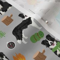 border collie camping dog fabric - border collie fabric, hiking fabric, outdoors dog fabric -  grey