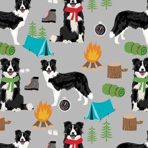 border collie camping dog fabric - border collie fabric, hiking fabric, outdoors dog fabric -  grey