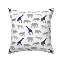 Safari animals - elephant, giraffe, rhino, zebra (navy & grey) C19BS