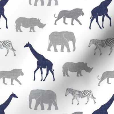 Safari animals - elephant, giraffe, rhino, zebra (navy & grey) C19BS