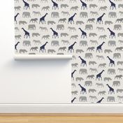 Safari animals - elephant, giraffe, rhino, zebra (navy & grey) C19BS