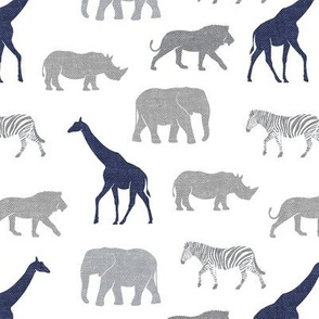 Safari animals - elephant, giraffe, rhino, zebra (navy & grey) C19BS