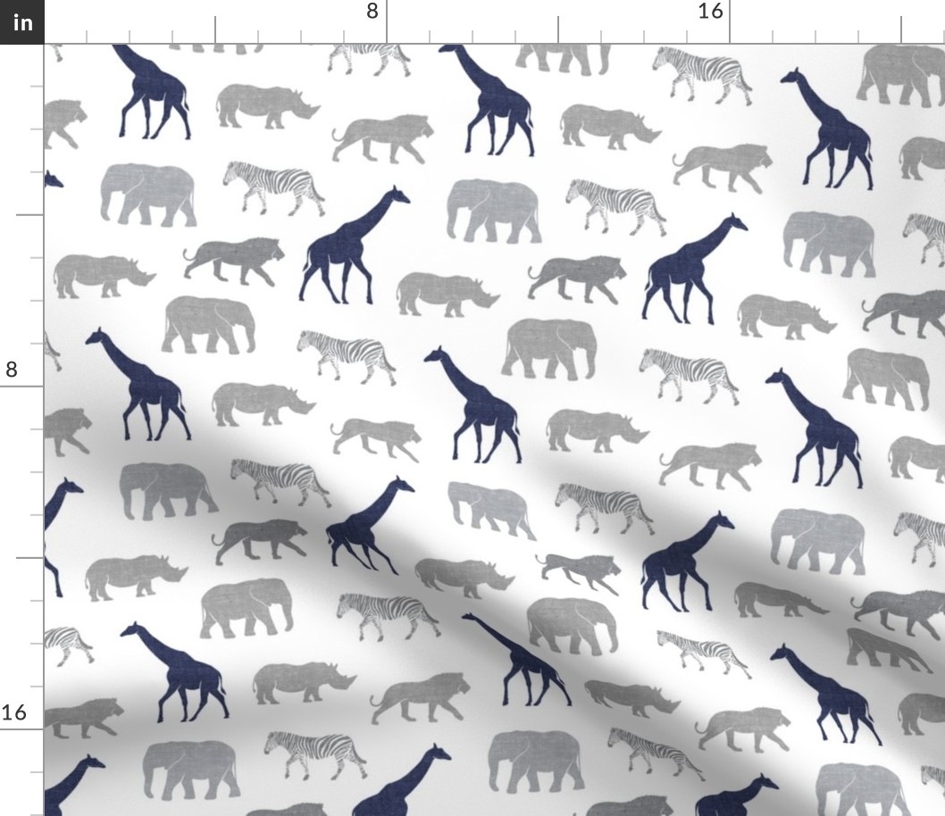 Safari animals - elephant, giraffe, rhino, zebra (navy & grey) C19BS