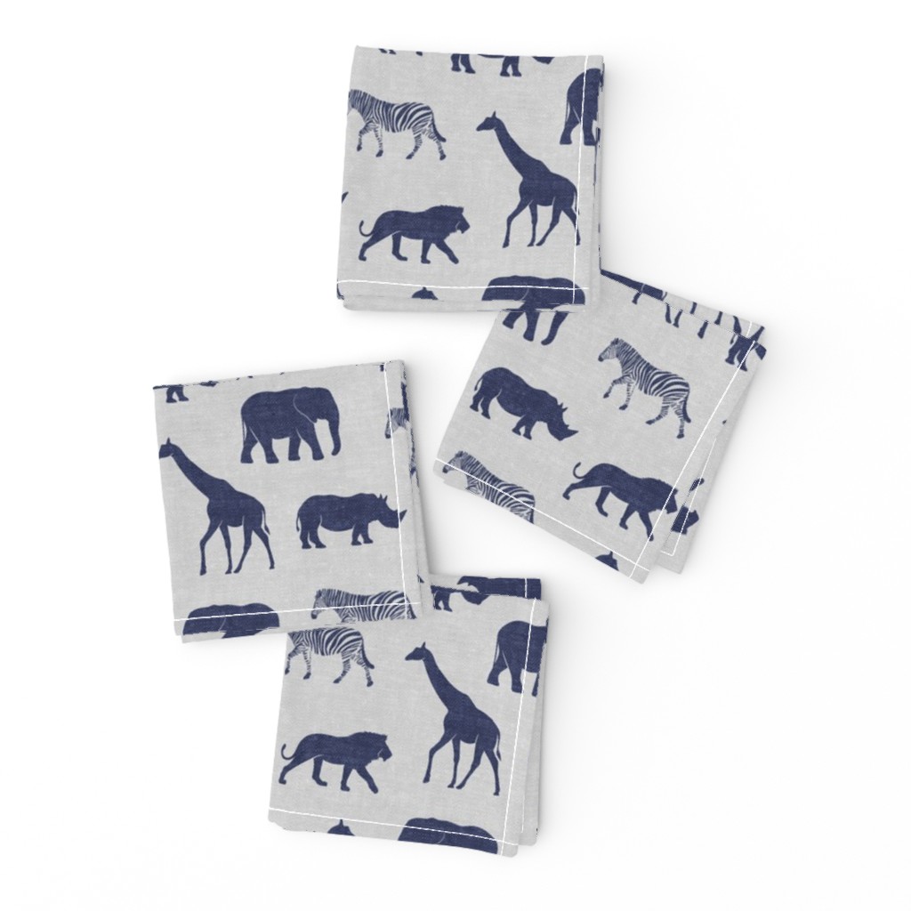 Safari animals - elephant, giraffe, rhino, zebra (navy on grey) C19BS