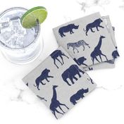 Safari animals - elephant, giraffe, rhino, zebra (navy on grey) C19BS