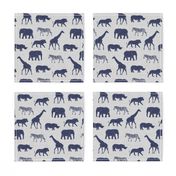 Safari animals - elephant, giraffe, rhino, zebra (navy on grey) C19BS