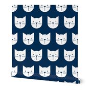 Peekaboo Cats, White on Navy Blue