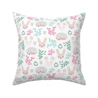 Spring friends bunny and hedgehog garden botanical animals summer easter flowers and leaves girls