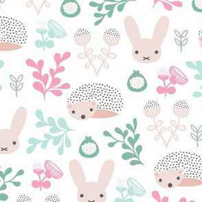 Spring friends bunny and hedgehog garden botanical animals summer easter flowers and leaves girls