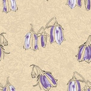 pen and ink bellflowers on beige foliage