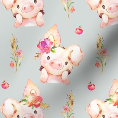 Miss Piglet - Baby Girl Pig with Flowers & Apples (frost gray) - LARGER Scale