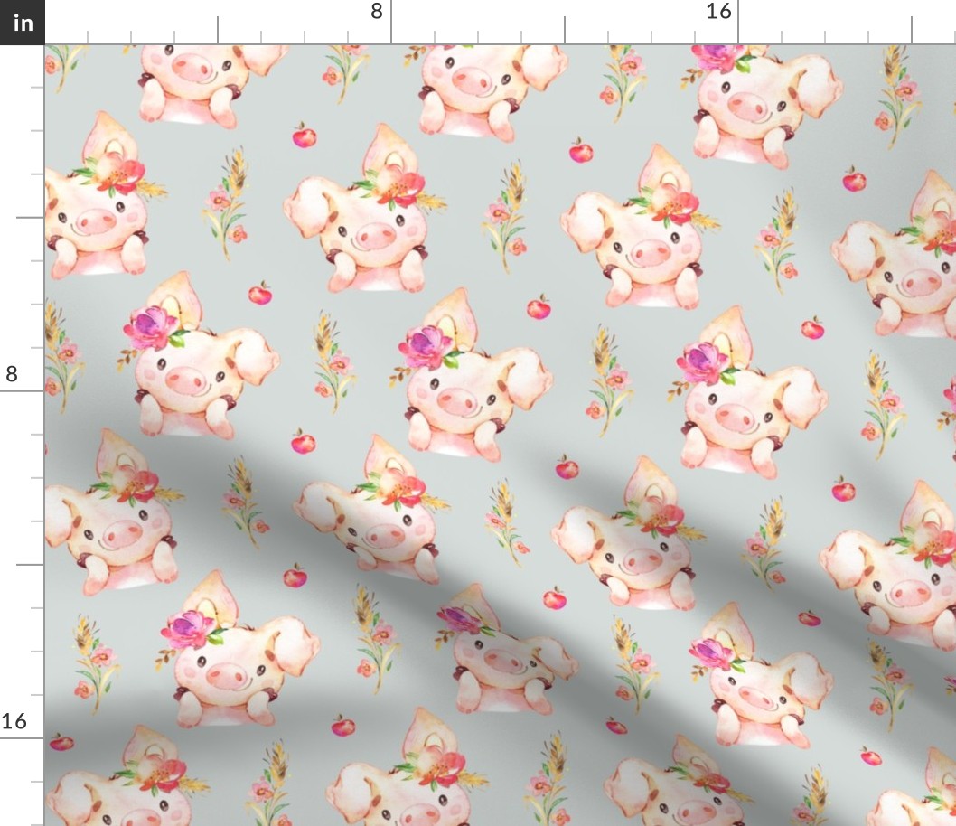 Miss Piglet - Baby Girl Pig with Flowers & Apples (frost gray) - LARGER Scale