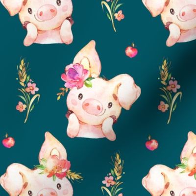 Miss Piglet - Baby Girl Pig with Flowers & Apples (teal) - LARGER Scale