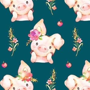 Miss Piglet - Baby Girl Pig with Flowers & Apples (teal) - LARGER Scale