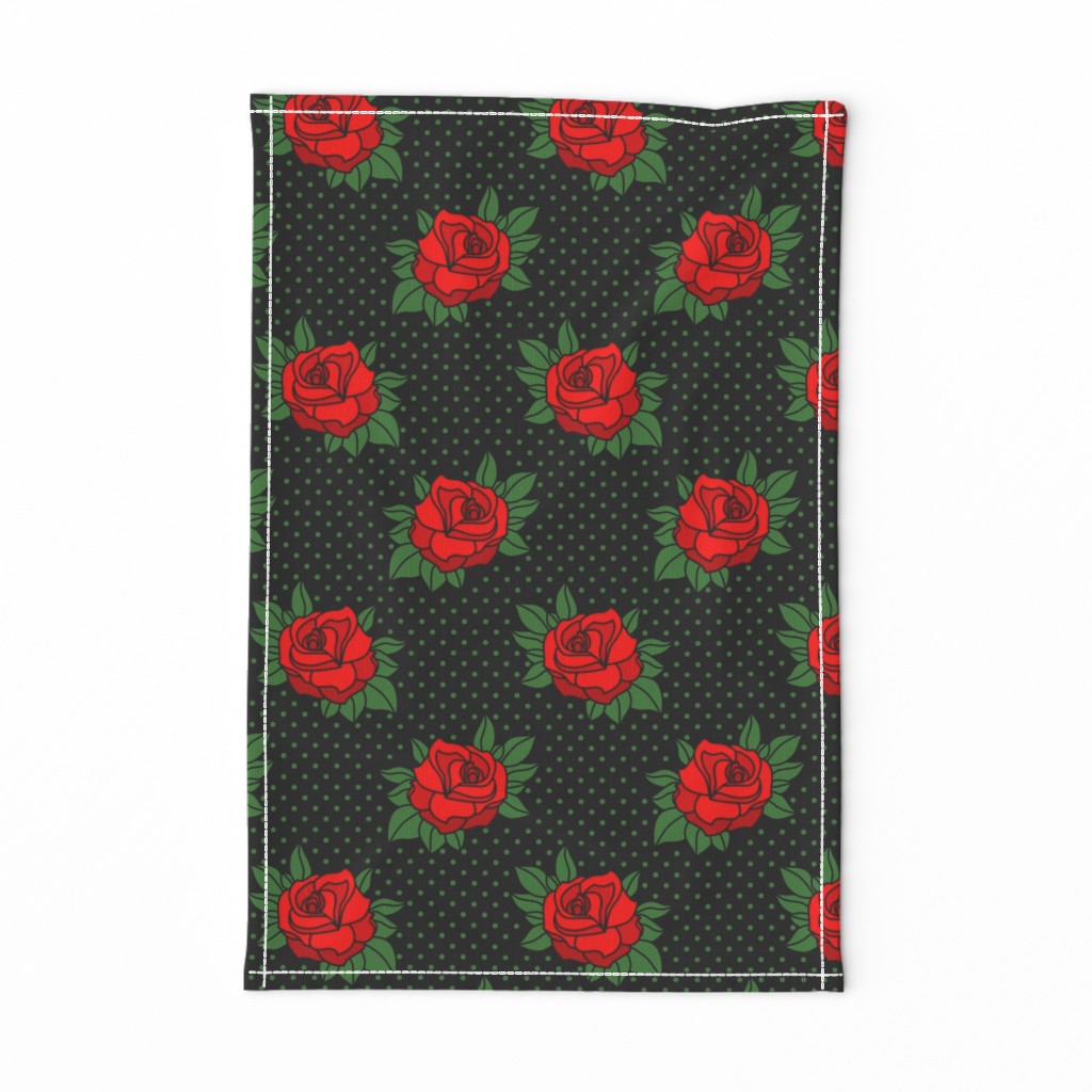 Rockabilly red roses green polka dots Retro tattoo MCM Wallpaper