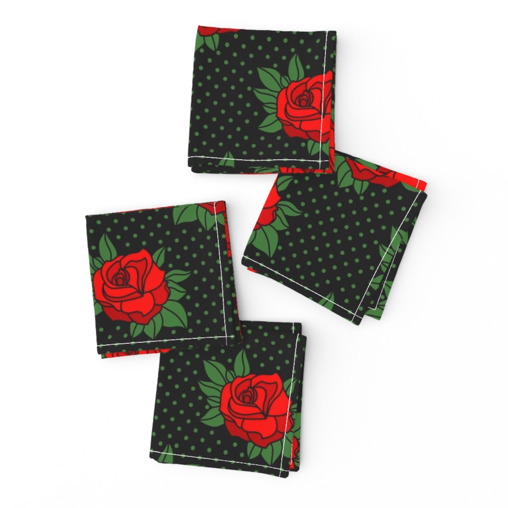 Rockabilly red roses green polka dots Retro tattoo MCM Wallpaper