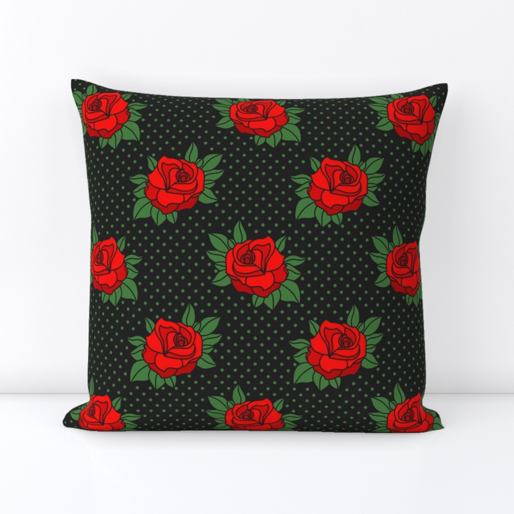 Rockabilly red roses green polka dots Retro tattoo MCM Wallpaper