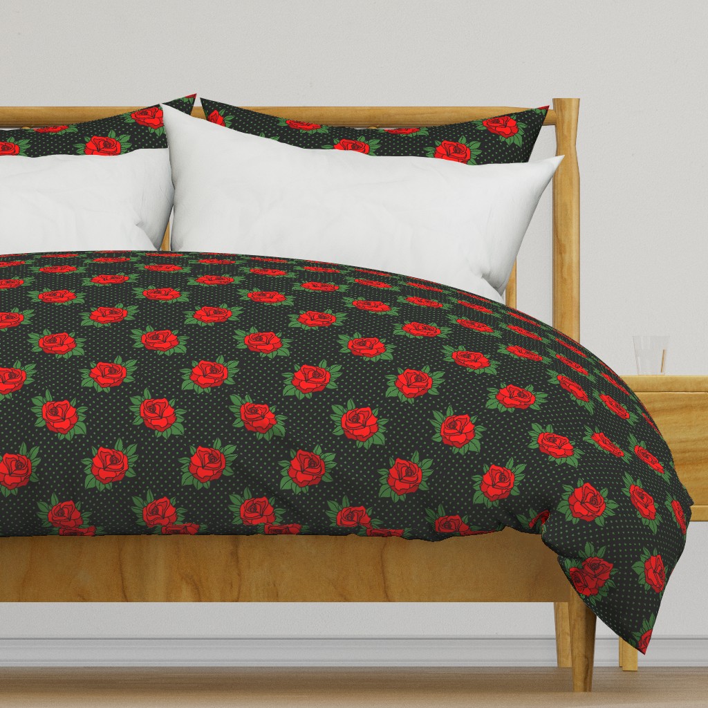 Rockabilly red roses green polka dots Retro tattoo MCM Wallpaper