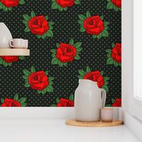 Rockabilly red roses green polka dots Retro tattoo MCM Wallpaper