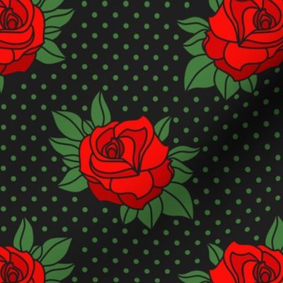 Rockabilly red roses green polka dots Retro tattoo MCM Wallpaper