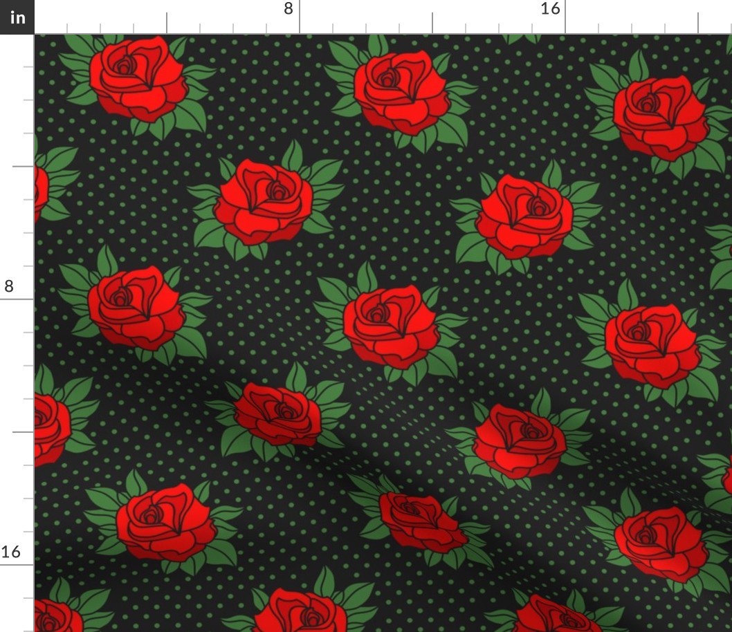 Rockabilly red roses green polka dots Retro tattoo MCM Wallpaper