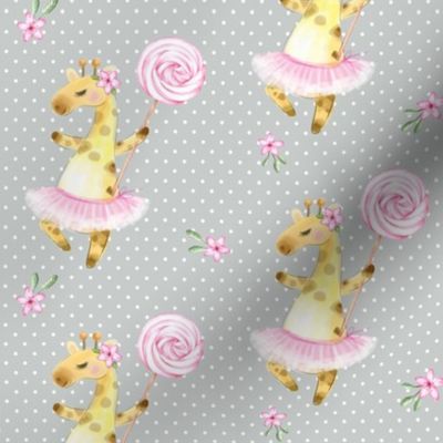 Ballerina Giraffe and Lollipop, Gray Dot, Pink Flowers