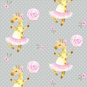 Ballerina Giraffe and Lollipop, Gray Dot, Pink Flowers