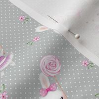 Ballerina Bunny and Lollipop, Gray Dot, Pink Flowers