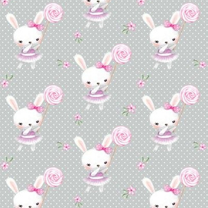 Ballerina Bunny and Lollipop, Gray Dot, Pink Flowers