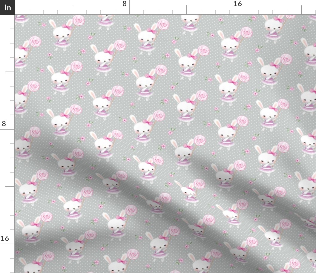 Ballerina Bunny and Lollipop, Gray Dot, Pink Flowers