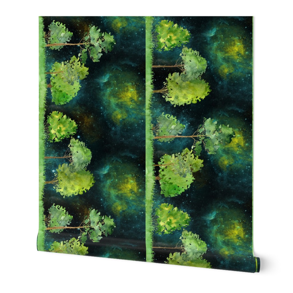 MAGIC FOREST LARGE TREES LARGE STRIPES VERTICAL night green emerald watercolor
