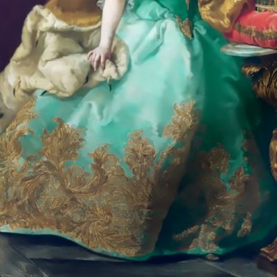 pompadour Marie Antoinette inspired princesses gowns dress gold lace baroque victorian castle queen dark mint green fur cape crowns diamond brooches royalty ballgowns rococo portraits beautiful lady woman beauty elegant gothic lolita egl 18th pouf century