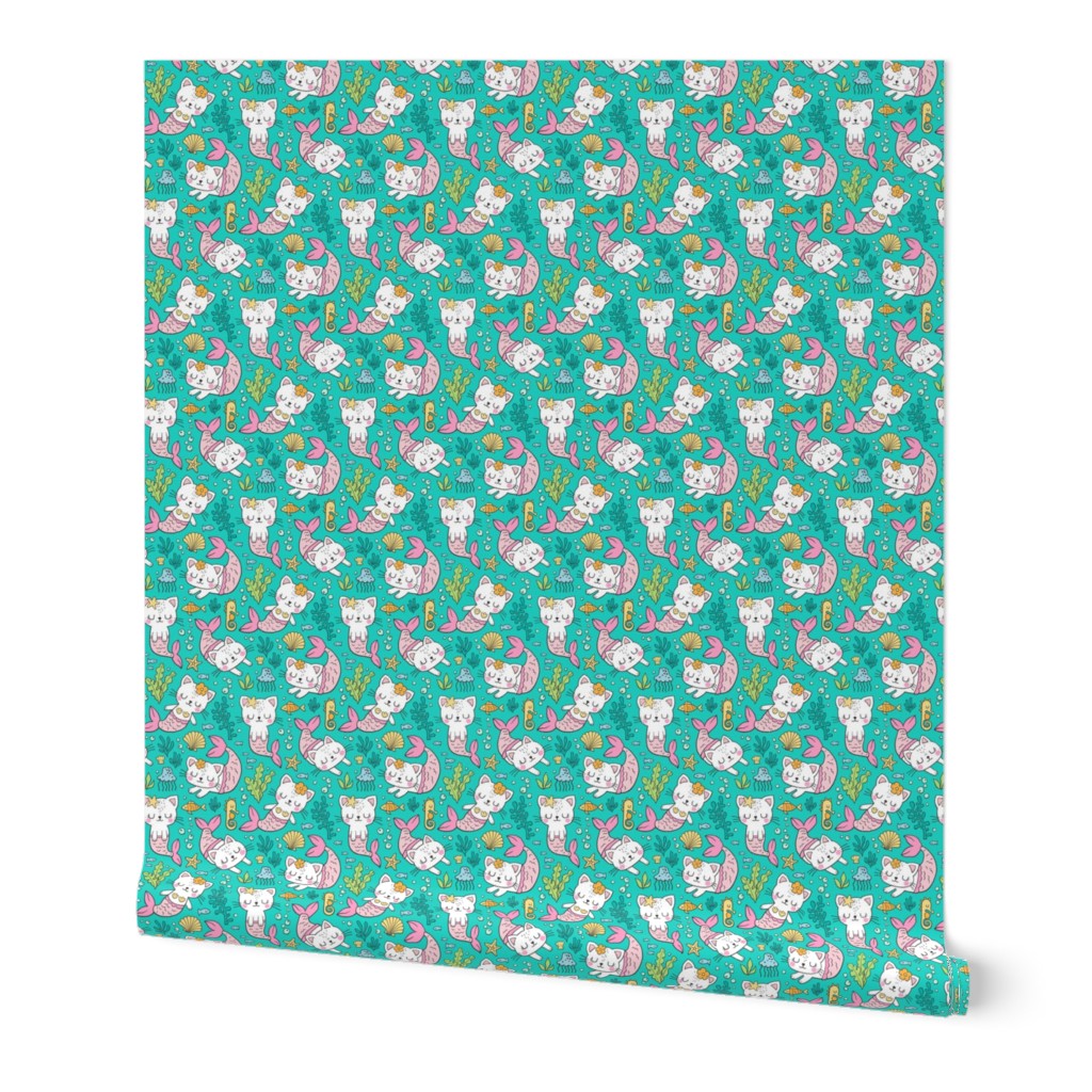 Purrmaids Cats Mermaids  Sea Doodle on Teal  Green 50% Smaller