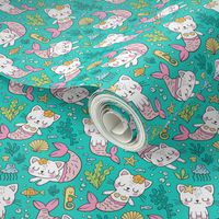 Purrmaids Cats Mermaids  Sea Doodle on Teal  Green 50% Smaller