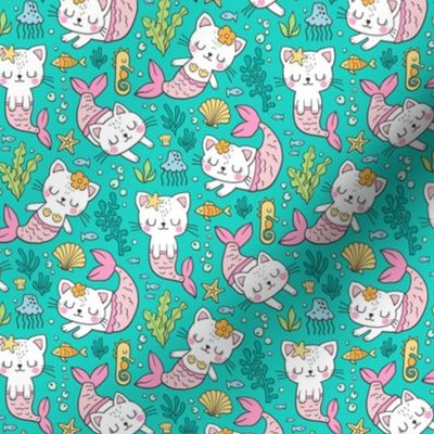 Purrmaids Cats Mermaids  Sea Doodle on Teal  Green 50% Smaller