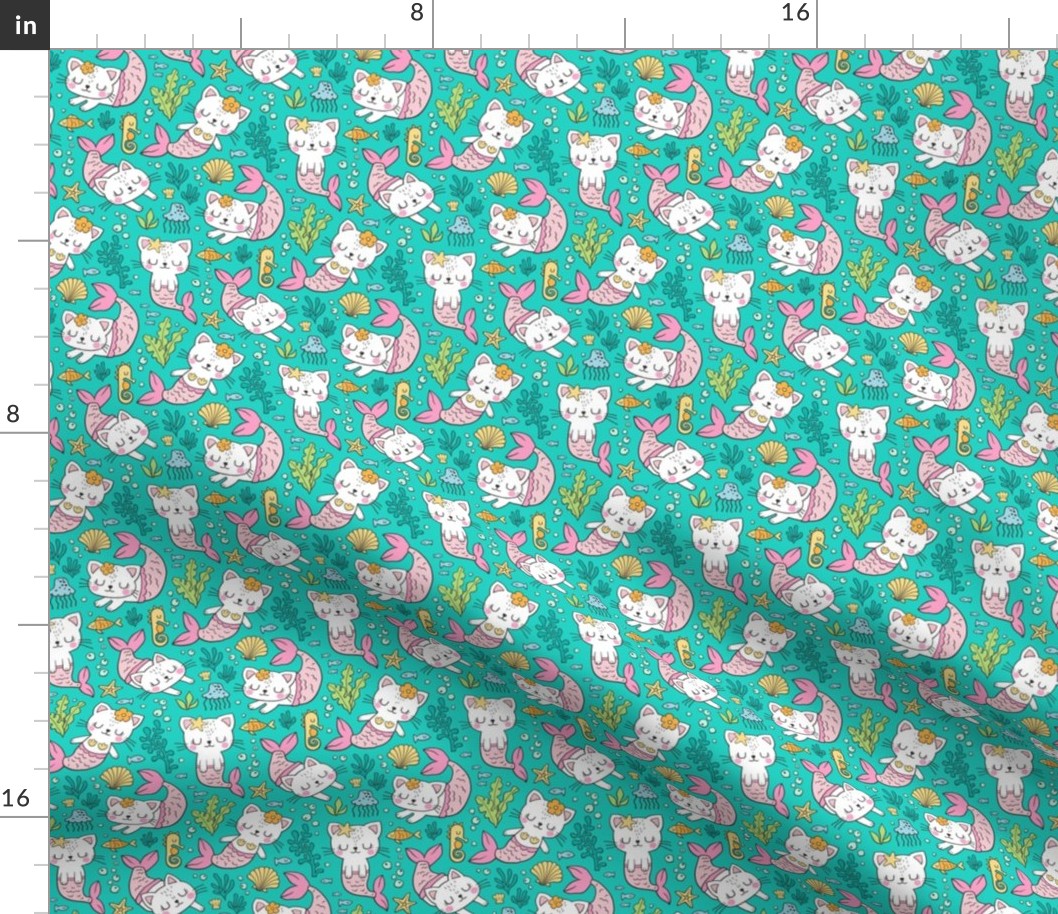 Purrmaids Cats Mermaids  Sea Doodle on Teal  Green 50% Smaller