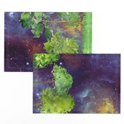 42"  DOUBLE BORDER MAGIC FOREST  large trees watercolor vertical  purple