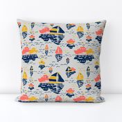 Boatwaterdays coral,navy,golden rod,gray