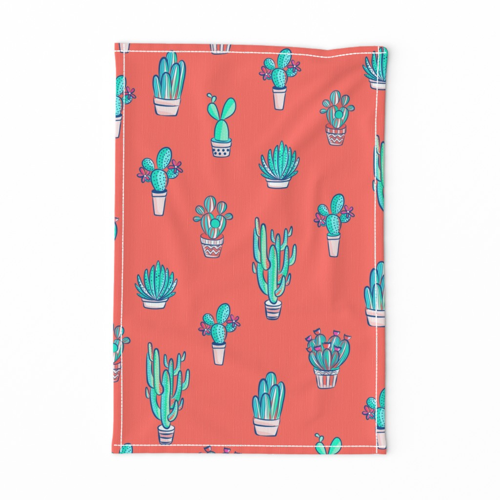 Cute Cactus Pattern on Living Coral