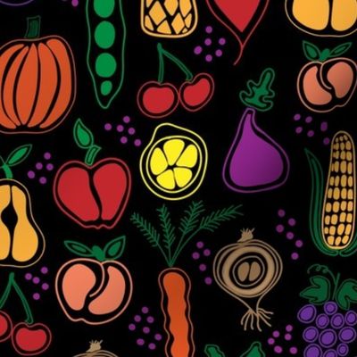 Bright fruits and veggies black background