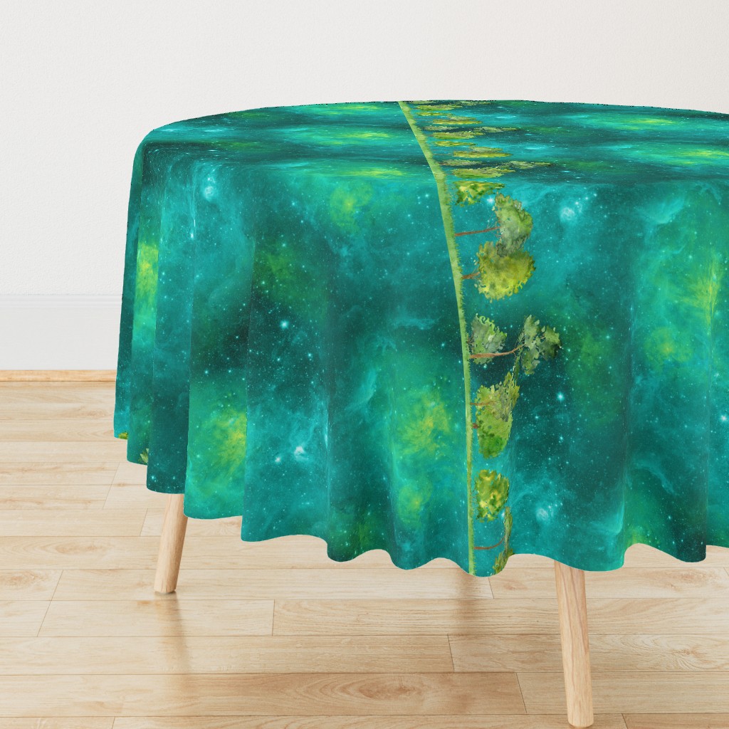 42"  BORDER MAGIC FOREST SMALL TREES VERTICAL WATERCOLOR aqua emerald nebula