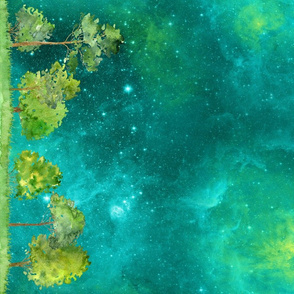 42"  BORDER MAGIC FOREST SMALL TREES VERTICAL WATERCOLOR aqua emerald nebula