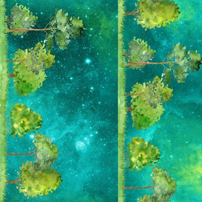 MAGIC FOREST small TREES small STRIPES VERTICAL aqua emerald nebula watercolor