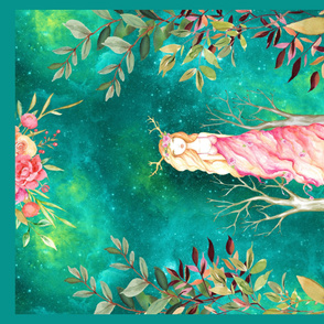 YARD PANEL FAIRYTALE PRINCESS OF THE WOOD aqua emerald nebula WATERCOLOR horizontal